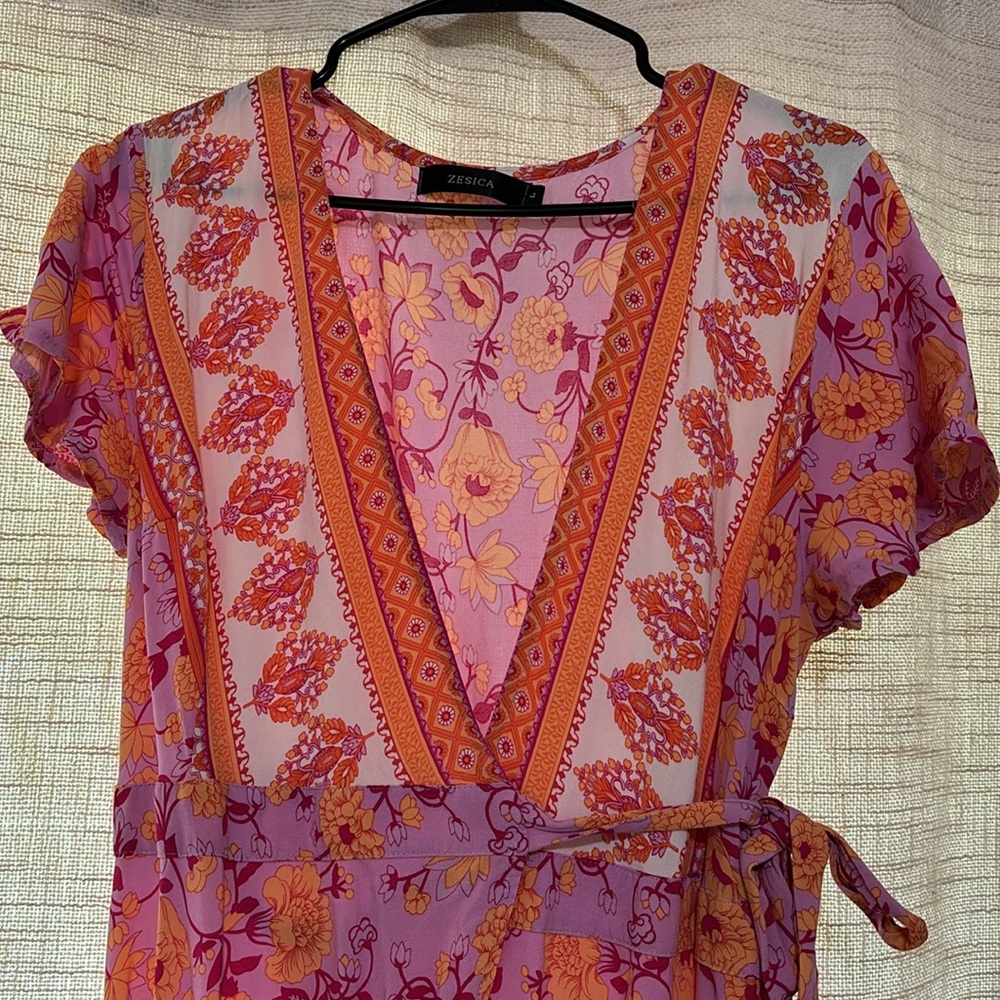 Large pink orange floral wrap dress